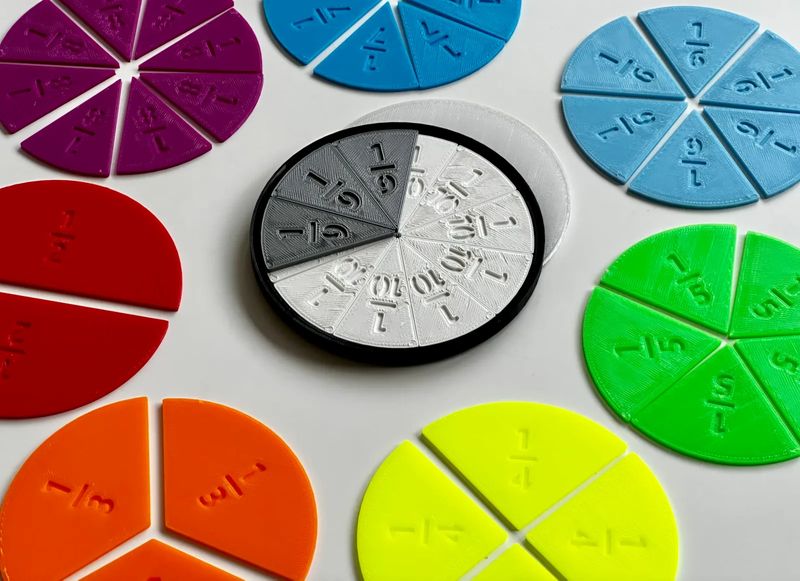 A series of 3D fraction tiles on a table.
