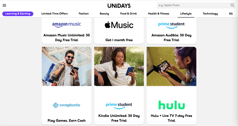 Screenshot of Unidays website with student discount offers.