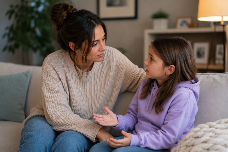 A young woman sits beside a young girl on a couch, listening while the child speaks during a quiet conversation.