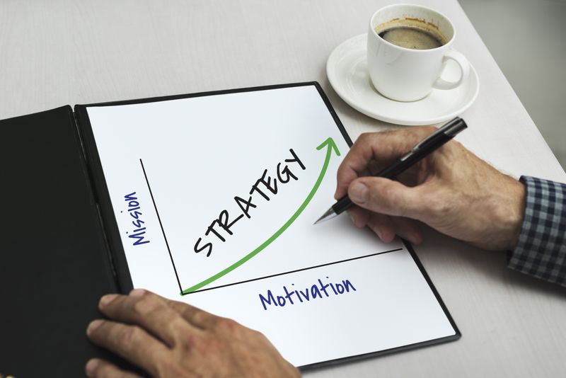 Image of a graph with the words Strategy, Mission, and Motivation.