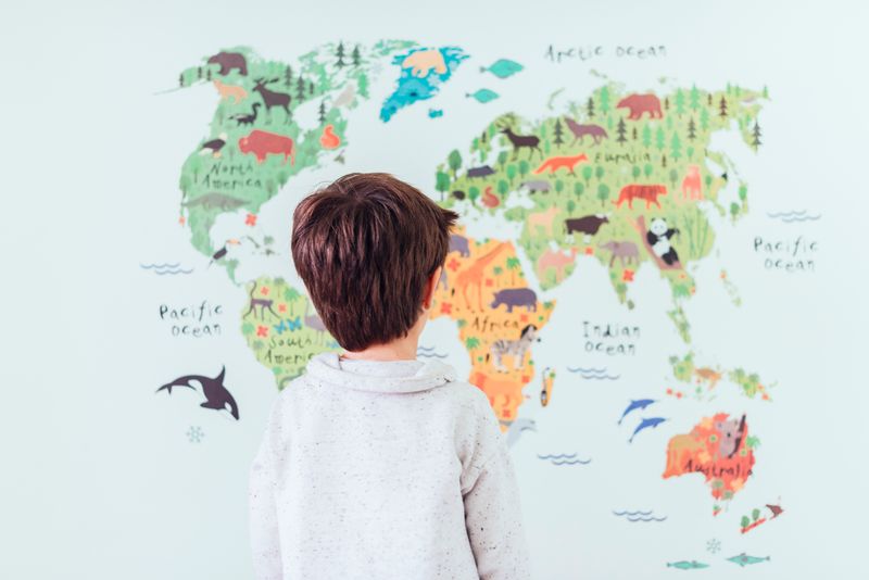 A smalll boy looking at a map of the world on the wall.
