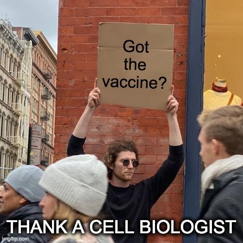 Man holding a sign that says, 'Got the vaccine? Thank a cell biologist!'