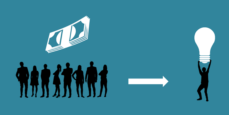 A graphic showing the idea of crowdfunding with a group of people on the left and arrow to one person with an idea.