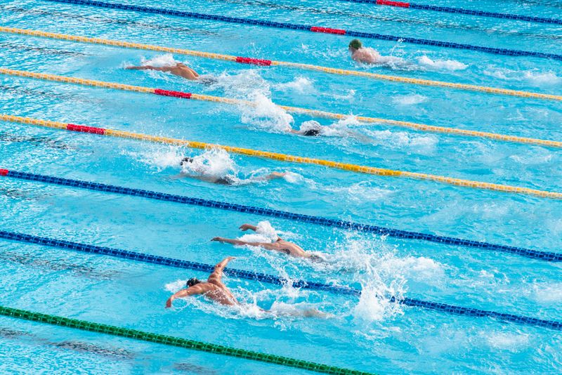 People swimming laps in lanes at a gym pool. 