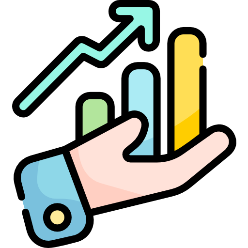 An icon image of a hand holding an increasing bar graph with an upward trending arrow above it. 