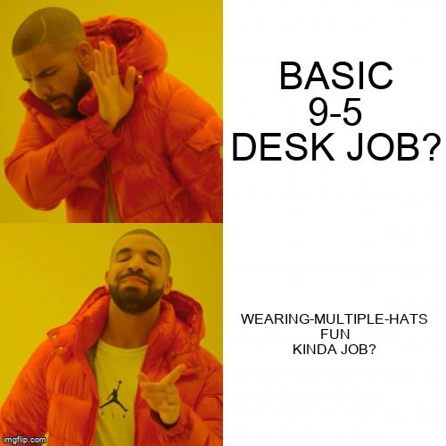 Drake Hotline Bling Meme: Basic 9-5 desk job? Wearing multiple hats kinda fun job?