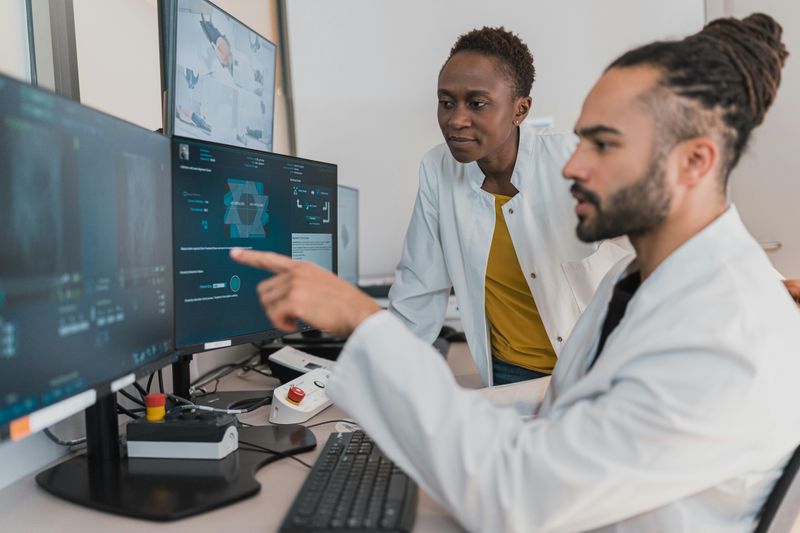 Two med tech professionals reviewing medical data on a computer screen in a clinical setting.