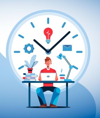 Illustration of male student at desk on laptop with books, coffee, lamp & an oversized time management clock in background