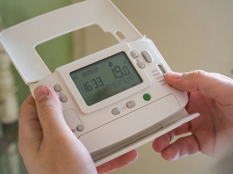 Hands holding a thermostat