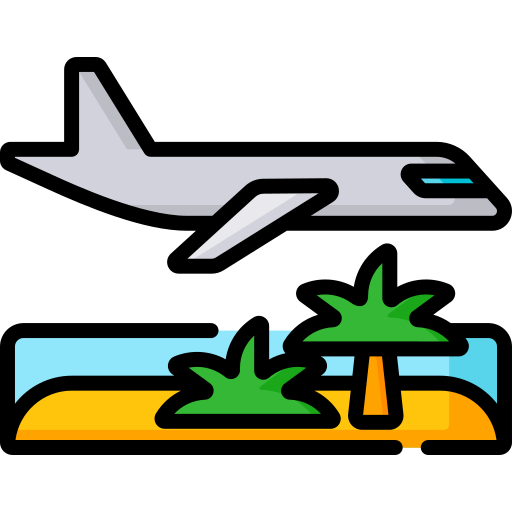 Icon of an airplane flying over a tropical island.