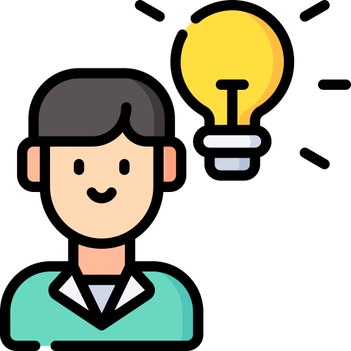 Icon image of a person smiling next to a shining light bulb 