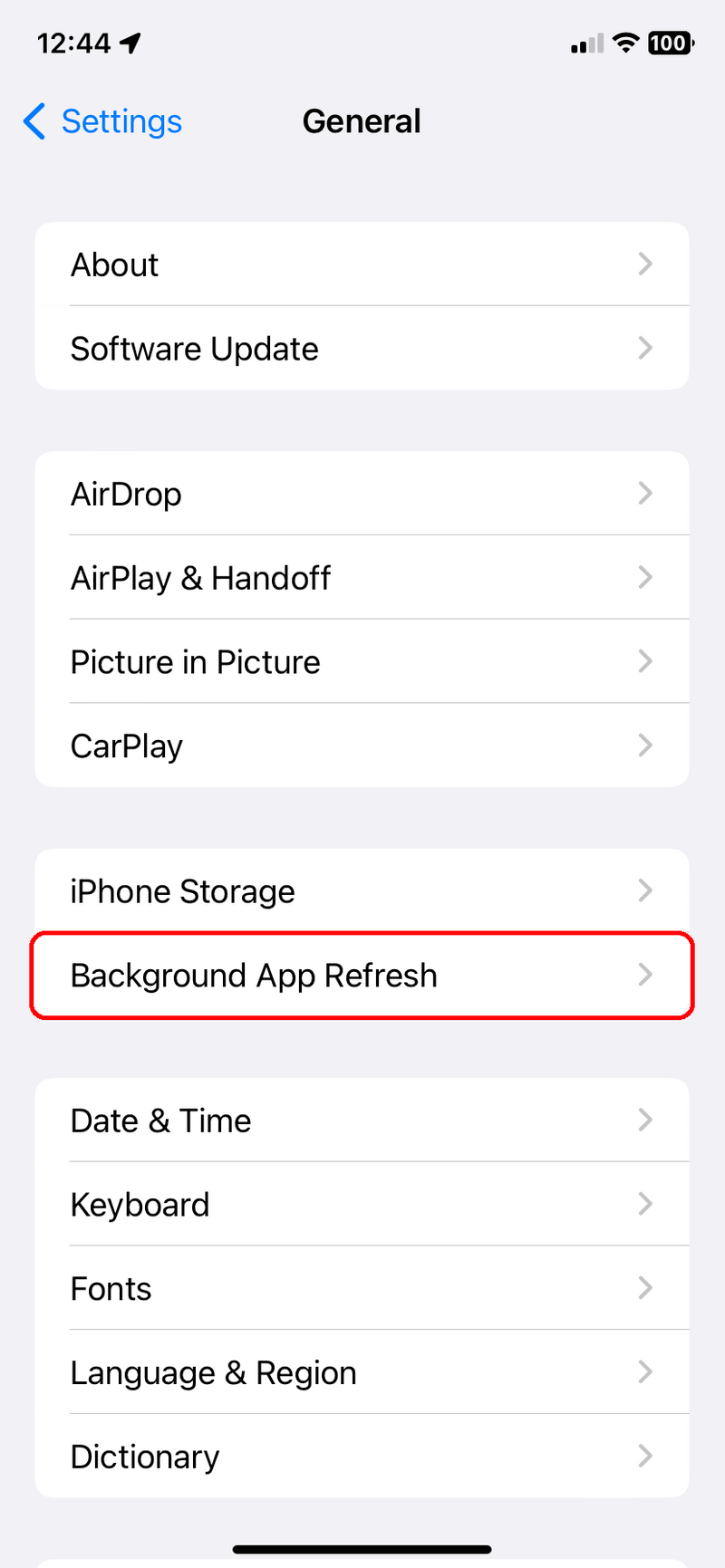 Settings >
         General  menu with Background App Refresh highlighted.
