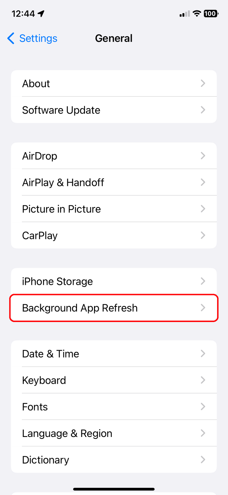 Settings > General  menu with Background App Refresh highlighted.