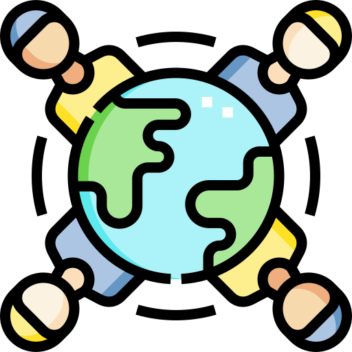 An icon of the Earth surrounded by people and connecting lines.