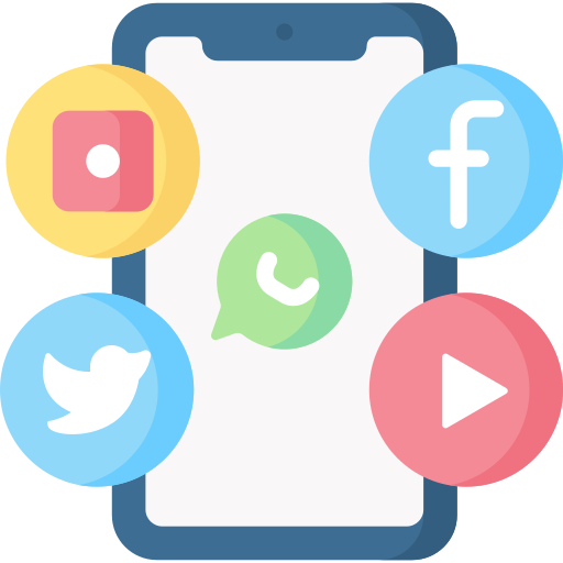 Icon of a phone with various social media icons surrounding it