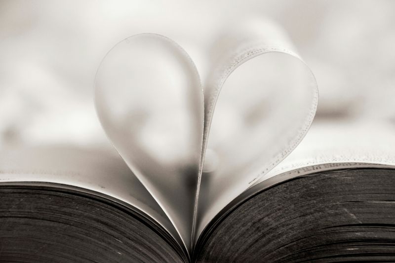 A book with two pages folded in-word to make a heart-shape.