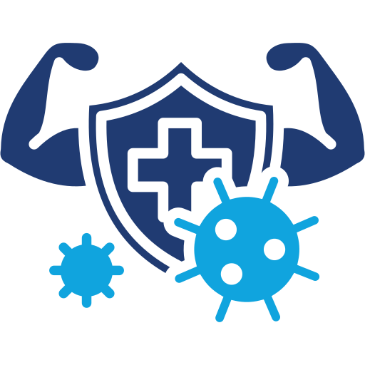 Muscles around a health shield in front of blue viruses