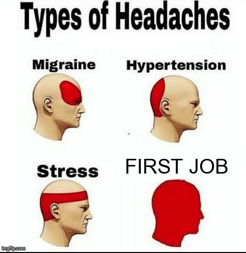 A meme showing the types of headaches: migraine, hypertension, stress and first job.