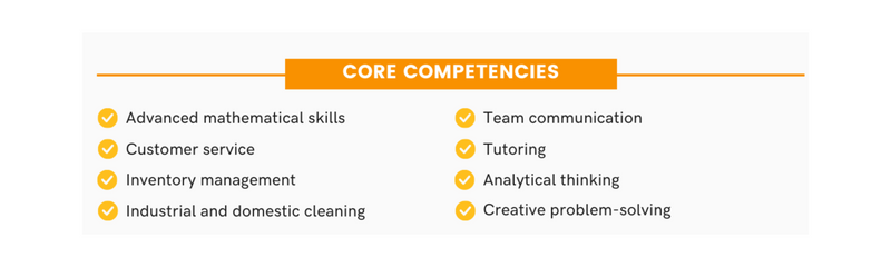 A list of Sade's key skills, under the heading 'Core Competencies'