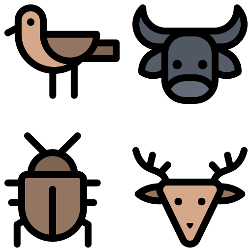 Icon of a bird, bug, deer and bison