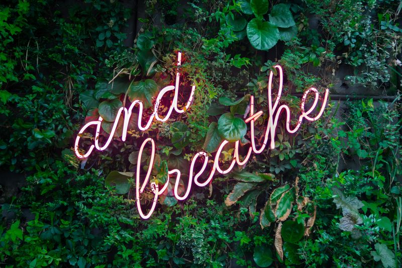 neon sign reading, 'and breathe'