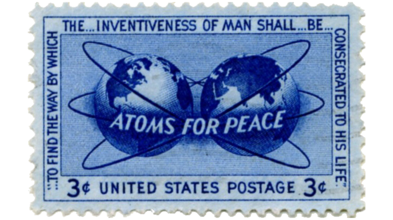 A US postage stamp depicting global atomic peace.