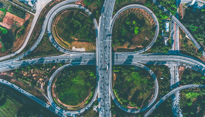 An overhead view of a four loop freeway.