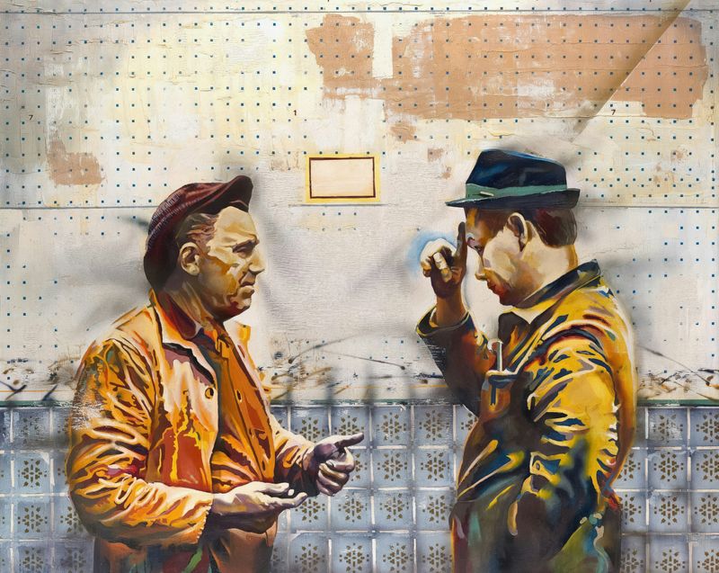 A street mural depicting two men trying to have a conversation.