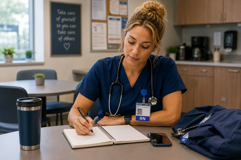Healthcare professional writes notes in a notebook while preparing for a shift in a hospital break room.
