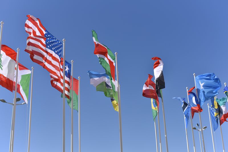 a diverse group of flags from a variety of countries including The United States,  Yemen, Somalia, Brazil, Mexico, and Laos