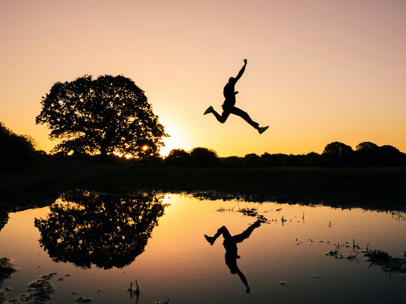 A tree and a person jumping over a stretch of water are in silhouette over sunset on the horizon.