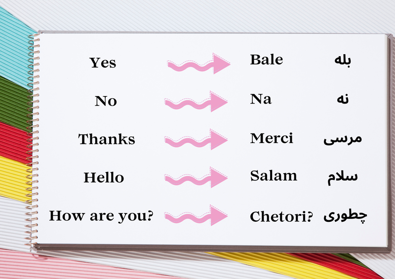 English to Farsi translations: Yes (bale), No (na), Thanks (merci), Hello (salam), How are you? (Chetori?)