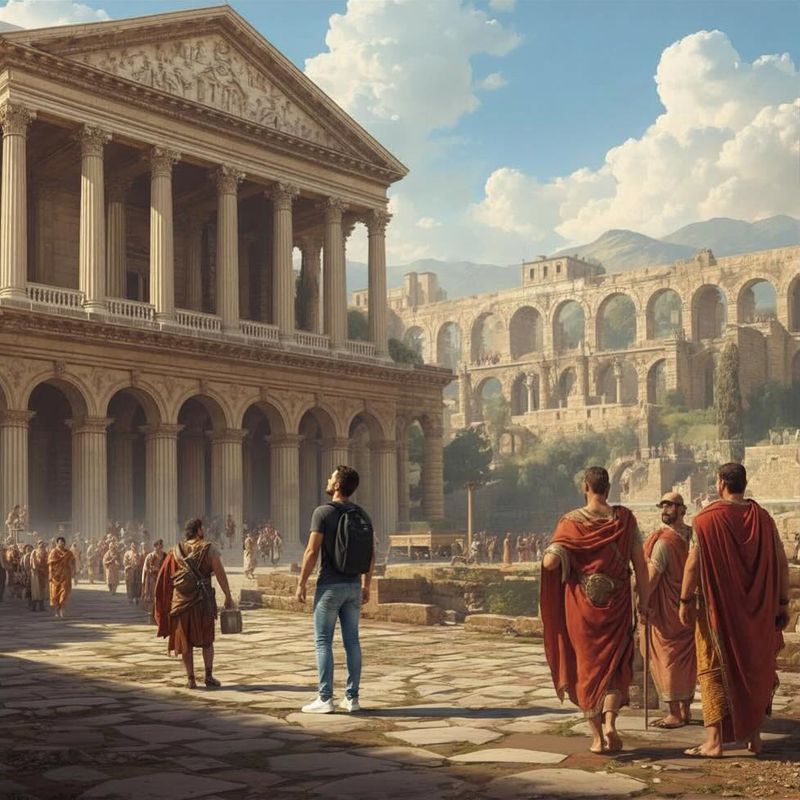 A modern time traveler in an ancient civilization, observing grand arches, aqueducts, and officials discussing empire laws.
