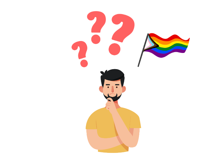 An animation of a person with black hair and a beard with a pride flag and question marks above their head.