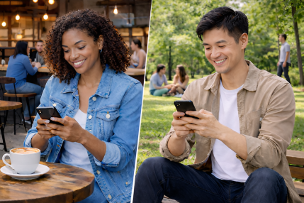 A young woman and man texting each other happily.