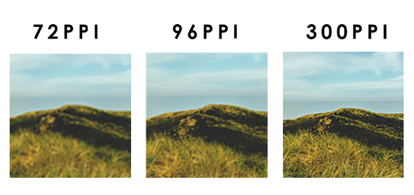 The same landscape shown 3 times, showing differences in resolution depending on PPI used. 