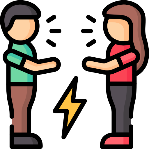 A pair of  chatting children with a lightning bolt between them, indicating conflict.