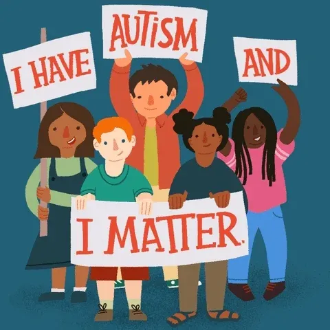 An illustration depicts diverse people with banners that read: 'I have autism and I matter.'