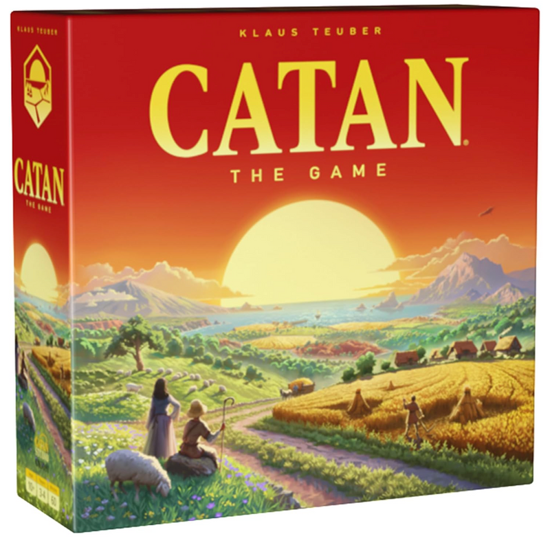 The front cover of the board game Catan, depicting a vast open field with settlers in the foreground.