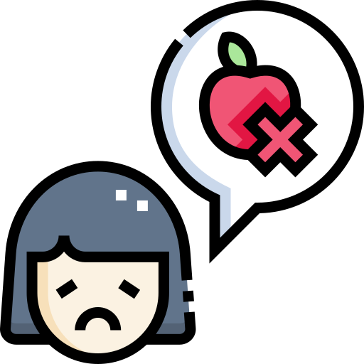 An icon of a person and a speech bubble with a crossed out apple in it.