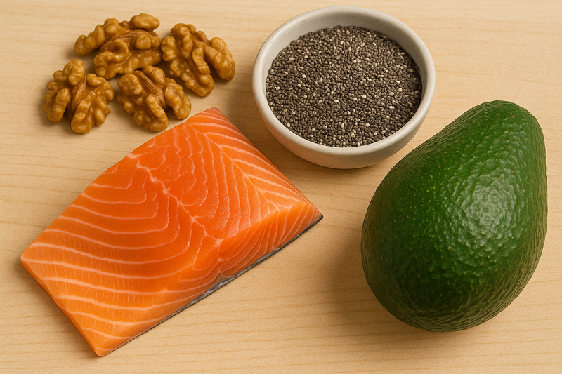 Salmon, avocado, chia seeds, and walnuts.