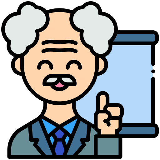 Vector image of a professor facing the camera with his hand pointing up and a blue board behind him