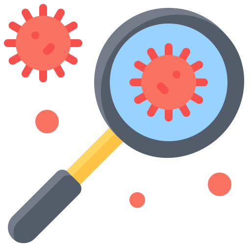 Magnifying glass hovering over orange coloured virus.