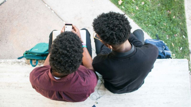 Two college students discuss a school project.