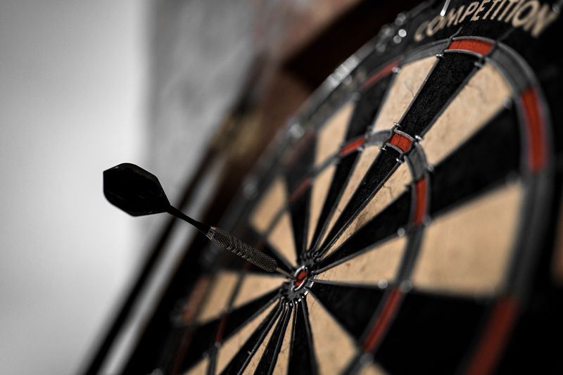 Close up of a dart board with a dart in the center.