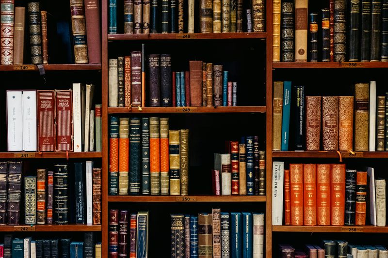 Shelves in a library with many books.