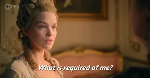 A woman dressed in Victorian style clothes asks,