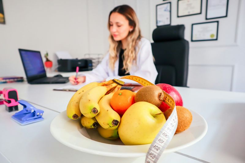 A person practices for a dietitian job interview at a desk in front of a laptop and a bowl of fruit.