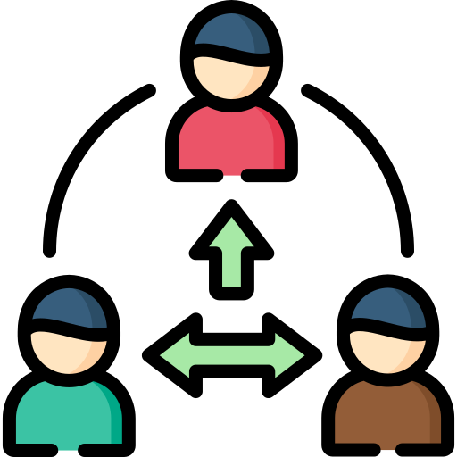 Icon of three people with arrow lines connecting them to symolize a mediated discussion