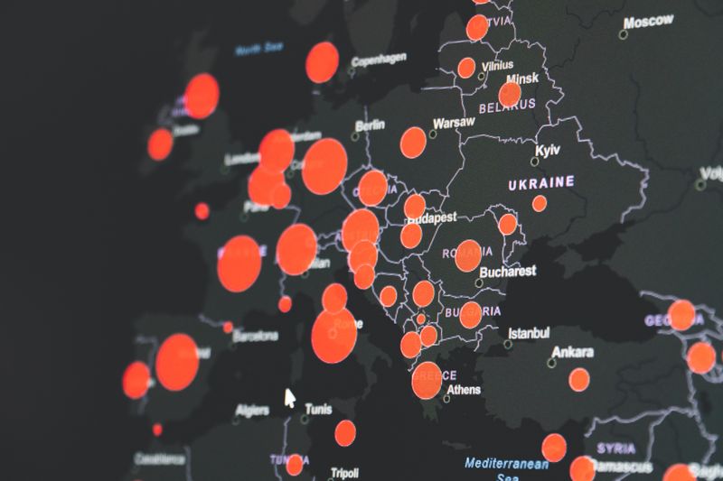 Image: Digital map of Europe with hot spots indicated with a red circle